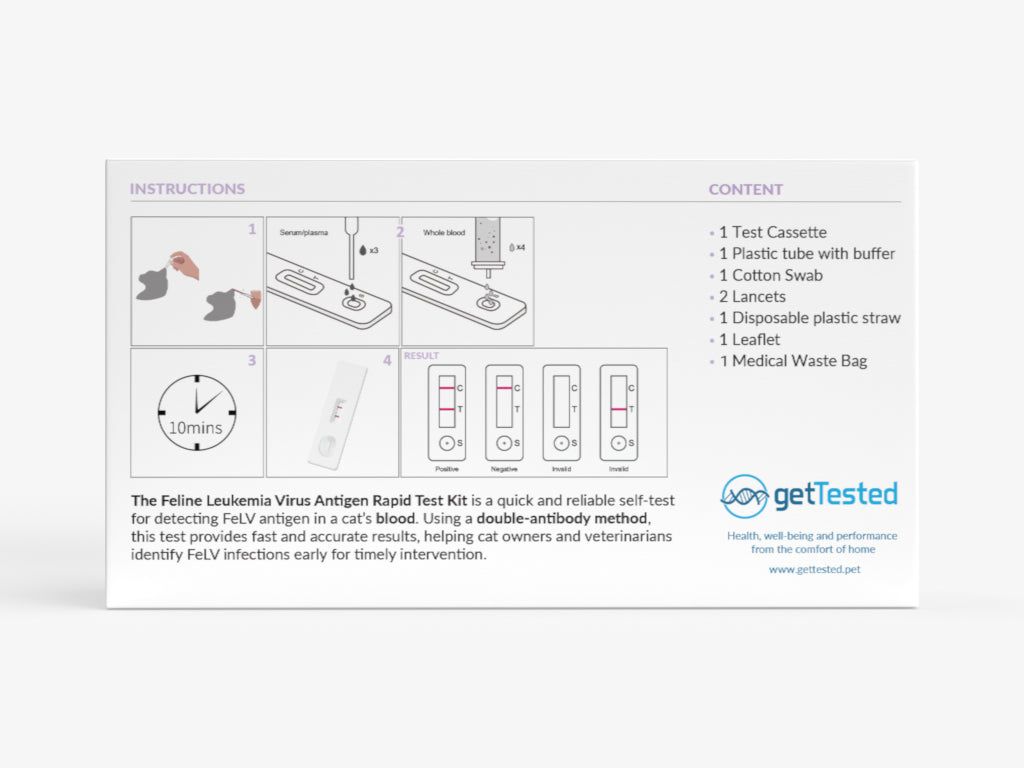 Test GetTested pour le virus de la leucémie féline. Boîte avec cassette de test, tube, coton-tige, lancettes, paille et notice.