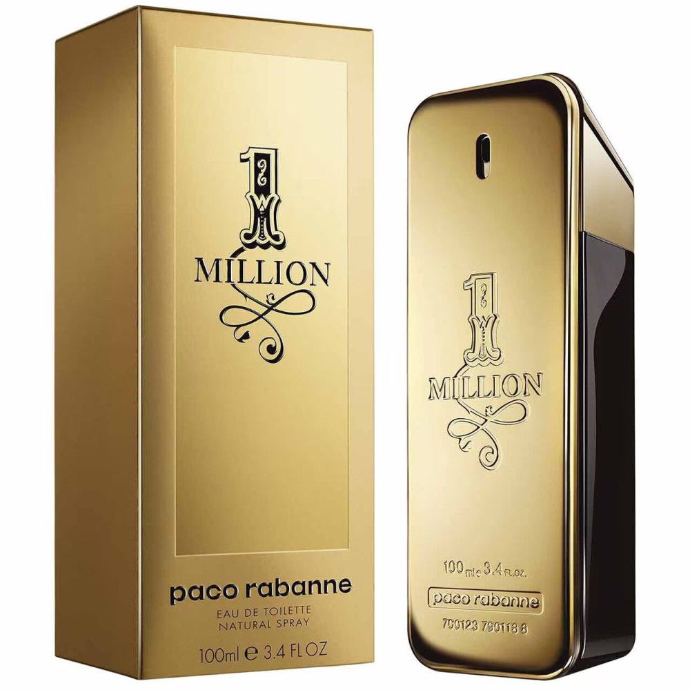 Flacon et boîte dorés. Inscription: 1 MILLION, paco rabanne. Eau de Toilette.