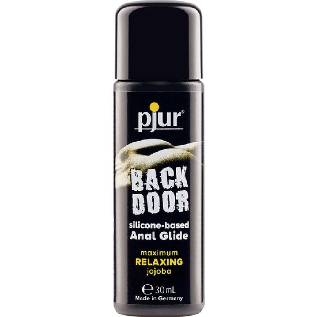 Zwarte fles met zwarte dop. Opschrift: pjur, BACK DOOR, Anal Glide. Bevat 30ml. Gemaakt in Duitsland.