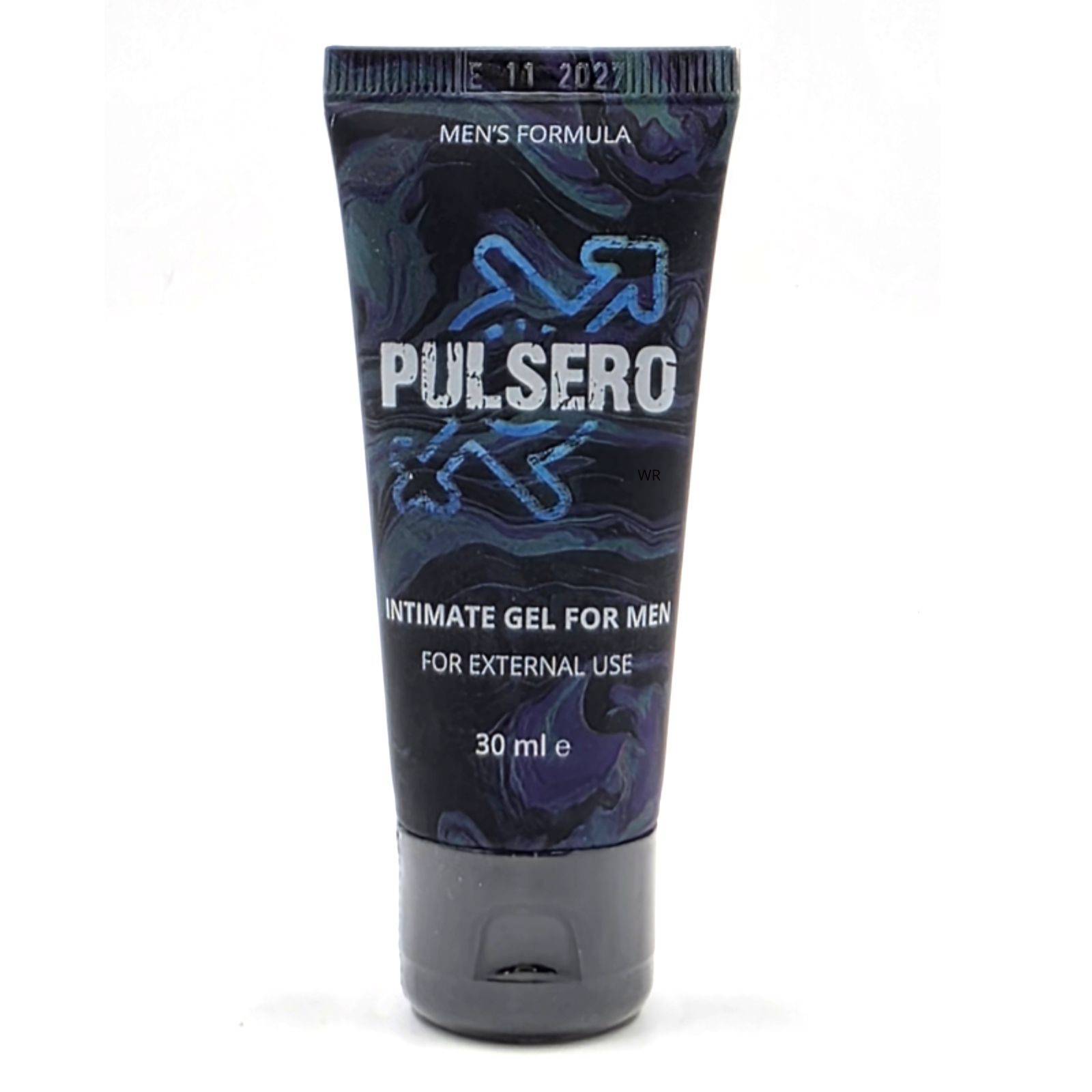 Tube avec logo "PULSERO" et texte "INTIMATE GEL FOR MEN". Bouchon noir. Volume : "30 ml e". Fond : marbré bleu-noir.