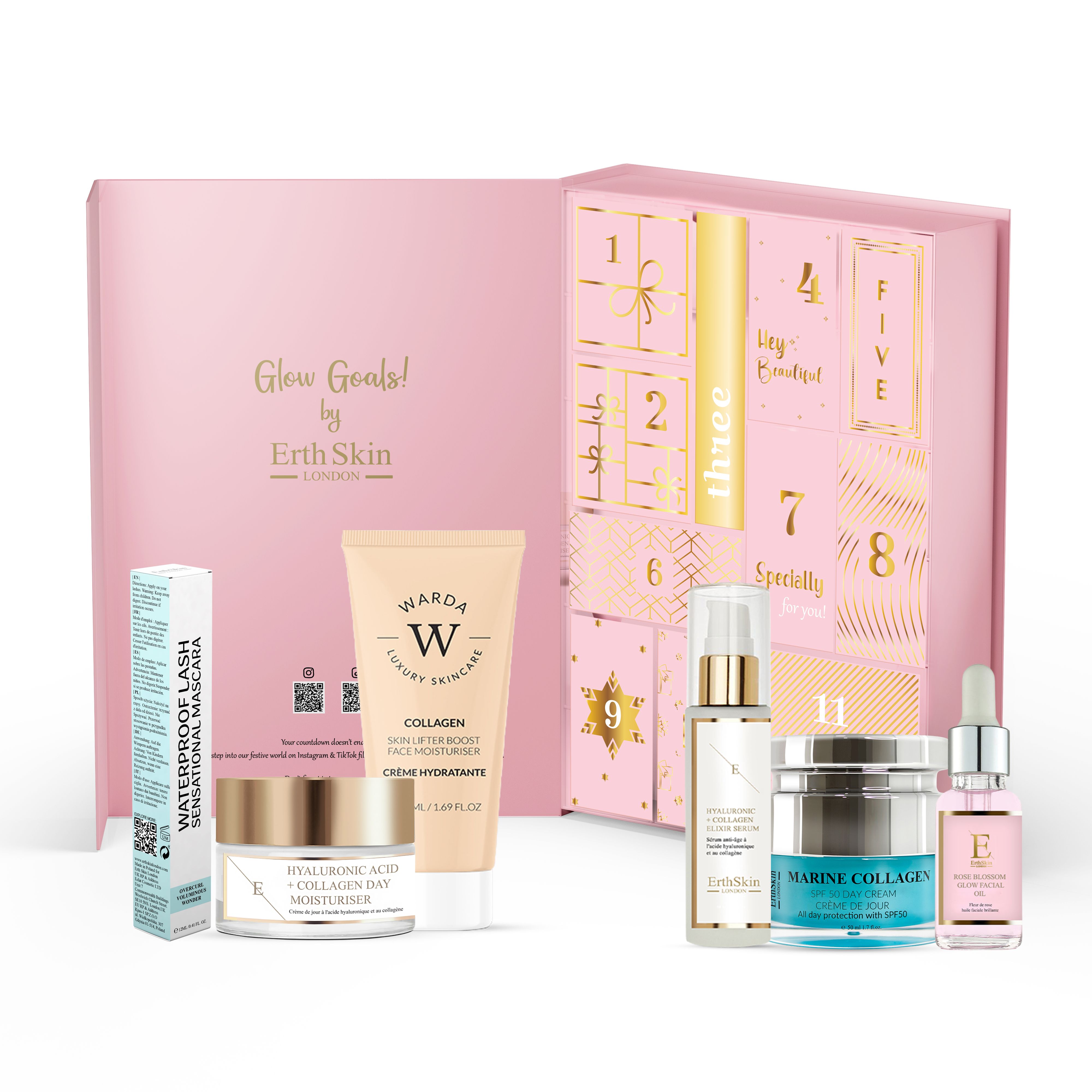 Open roze adventskalender met cosmetica. Crèmes, serums en mascara. Gouden cijfers.