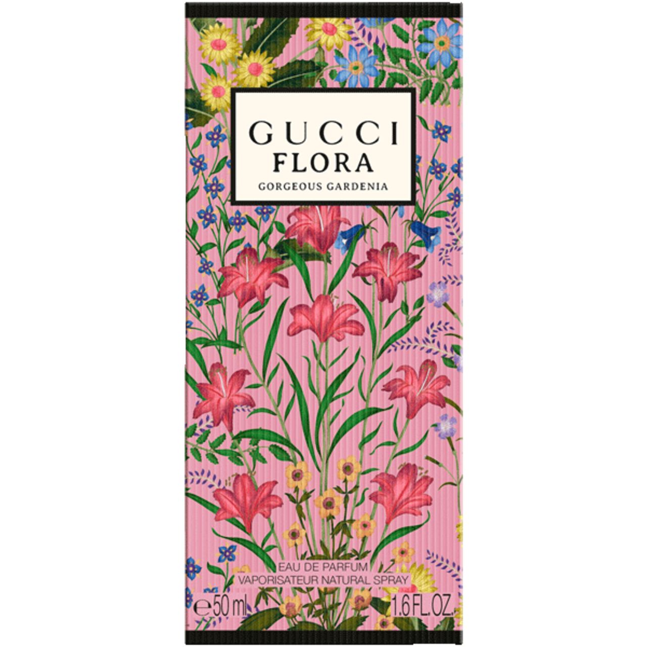 Emballage rose avec motif floral et texte Gucci Flora Gorgeous Gardenia. Texte : Eau de Parfum.