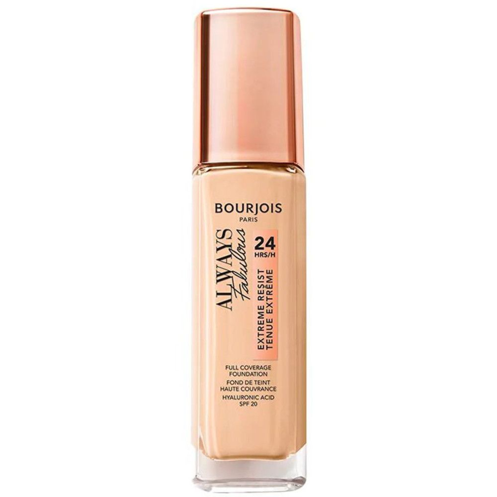 Bourjois Always Fabulous foundationflesje met roségouden dop. Zwarte pomp zichtbaar.