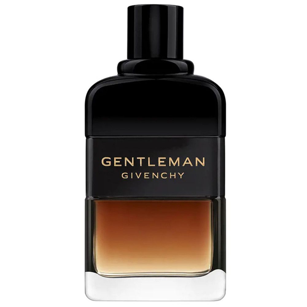 Zwarte parfumfles. Opschrift GENTLEMAN GIVENCHY. Bruin naar transparant verloop.