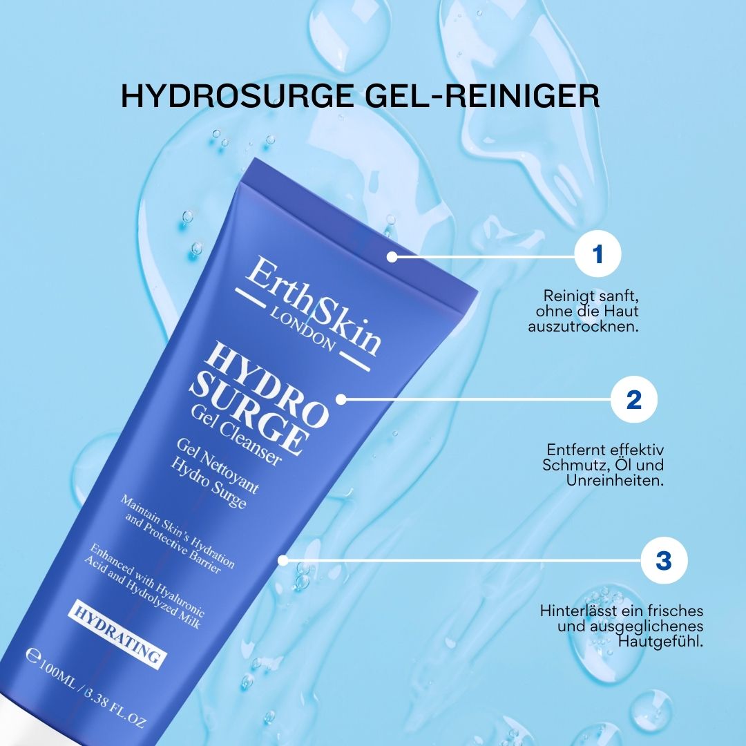 Tube bleue HYDROSURGE Gel Cleanser. Texte: ErthSkin London, HYDROSURGE Gel Cleanser. 3 avantages: nettoyage doux, élimine la saleté, sensation fraîche.