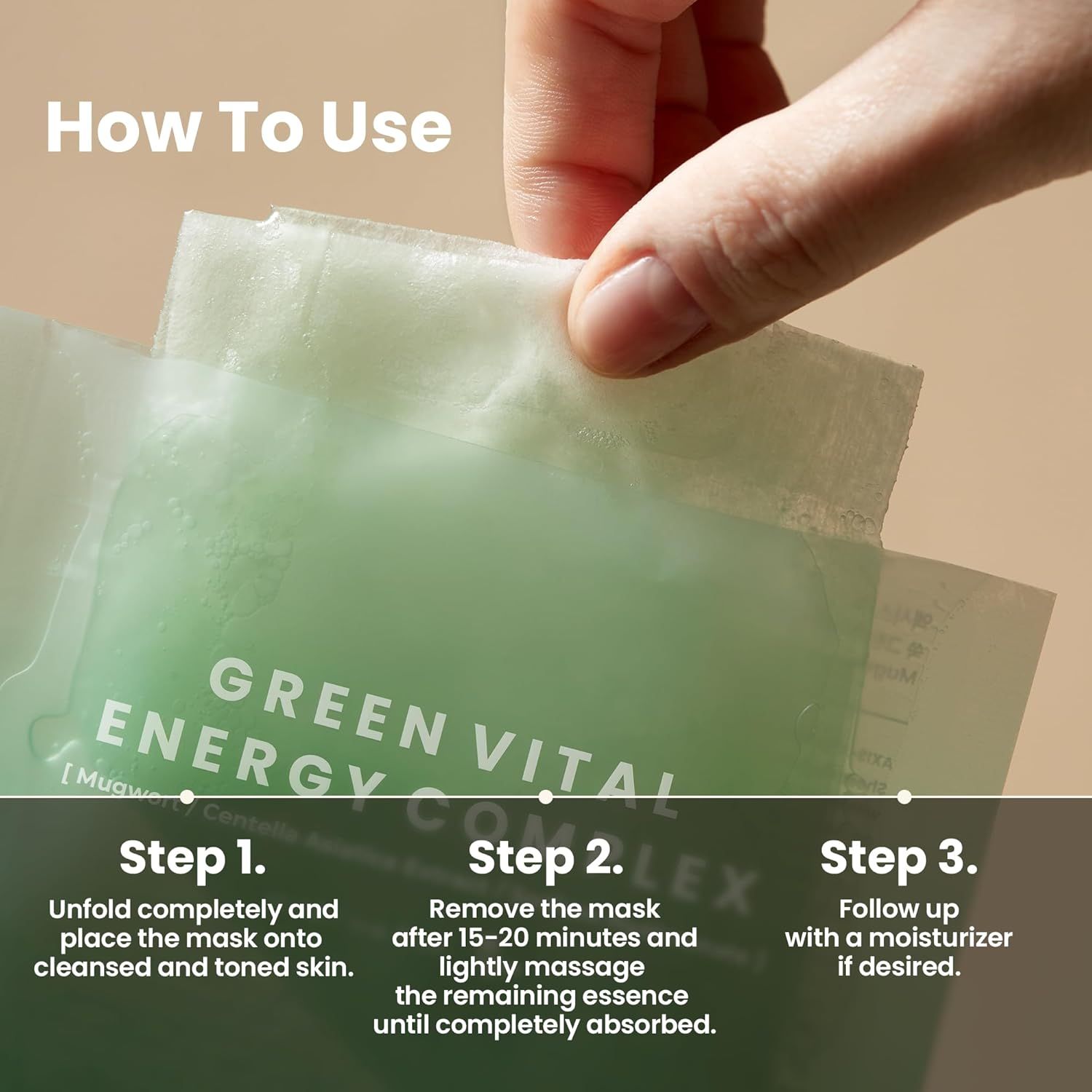 Gebruik: Masker ontvouwen, 15-20 minuten laten inwerken, overtollige essentie inmasseren. Hand.