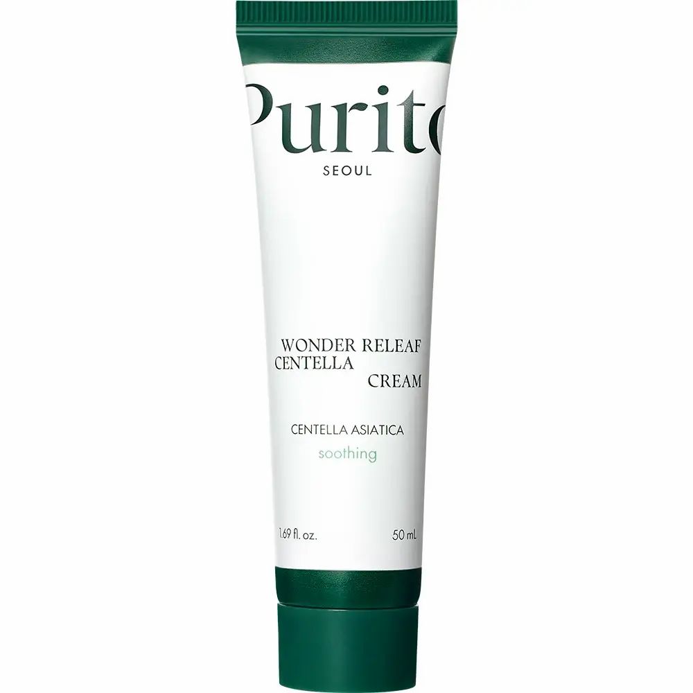 Tube de crème avec bouchon vert. Inscription : PURITO, Wonder Releaf Centella Cream, Centella Asiatica, soothing.