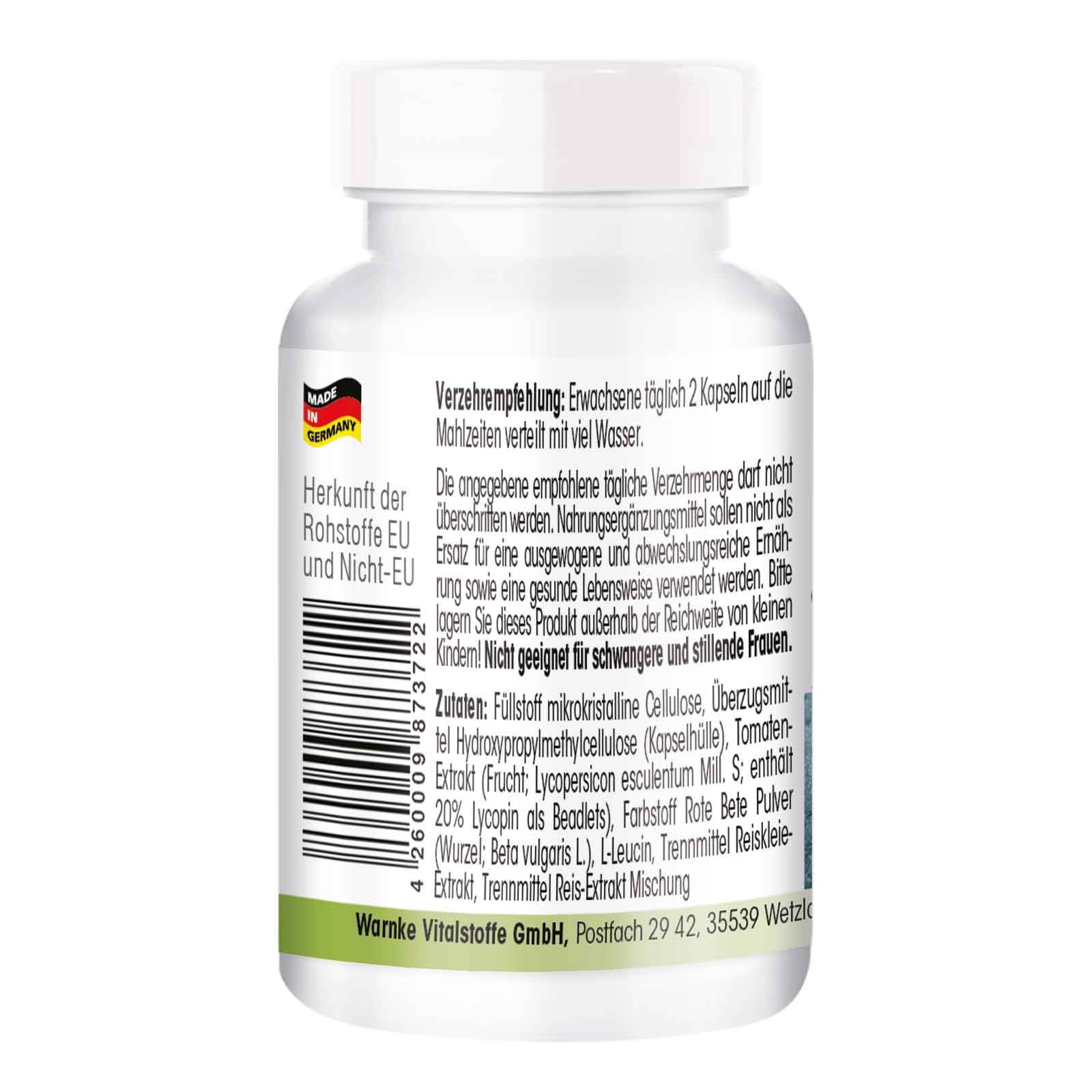 Dos du flacon blanc. Texte: Warnke Vitalstoffe. Liste des ingrédients, recommandations, avertissements. Fabriqué en Allemagne. Code-barres.