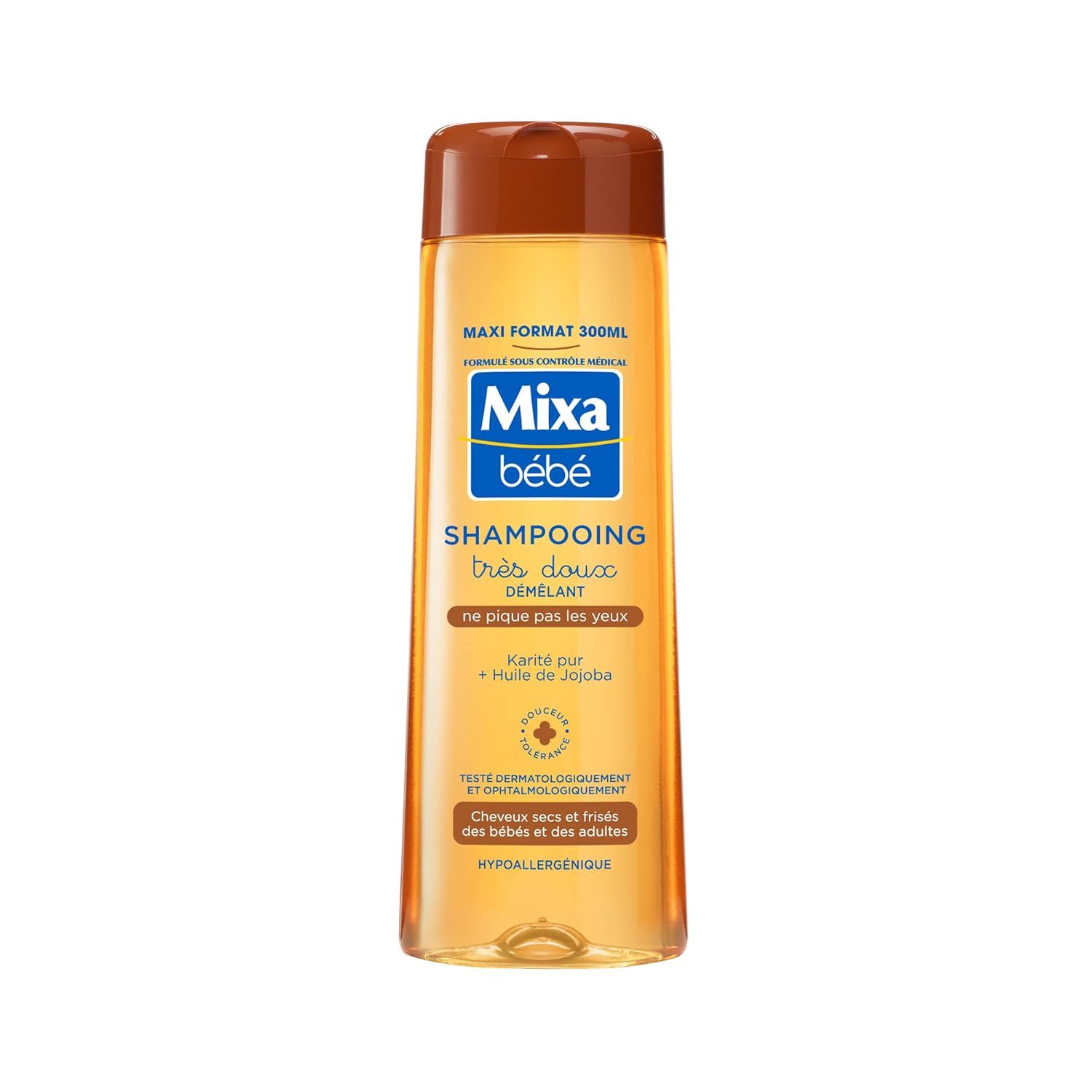 Mixa Bébé shampoo. Fles met bruine dop. Opschrift: Shampooing très doux, voor droog haar van baby's en volwassenen. Hypoallergeen.