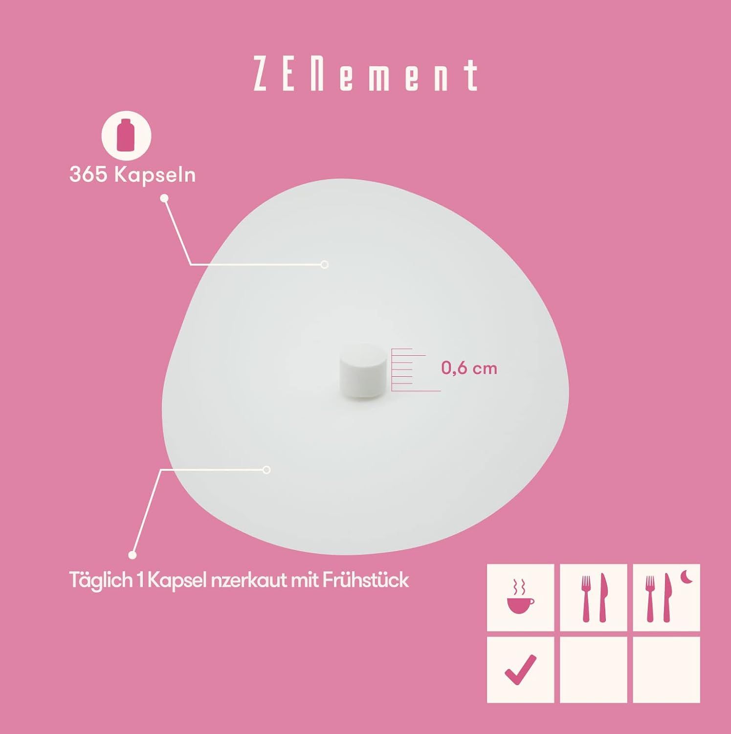 Witte tablet met een diameter van 0,6 cm. Tekst: 365 capsules. Aanbeveling: 1 capsule per dag bij het ontbijt.