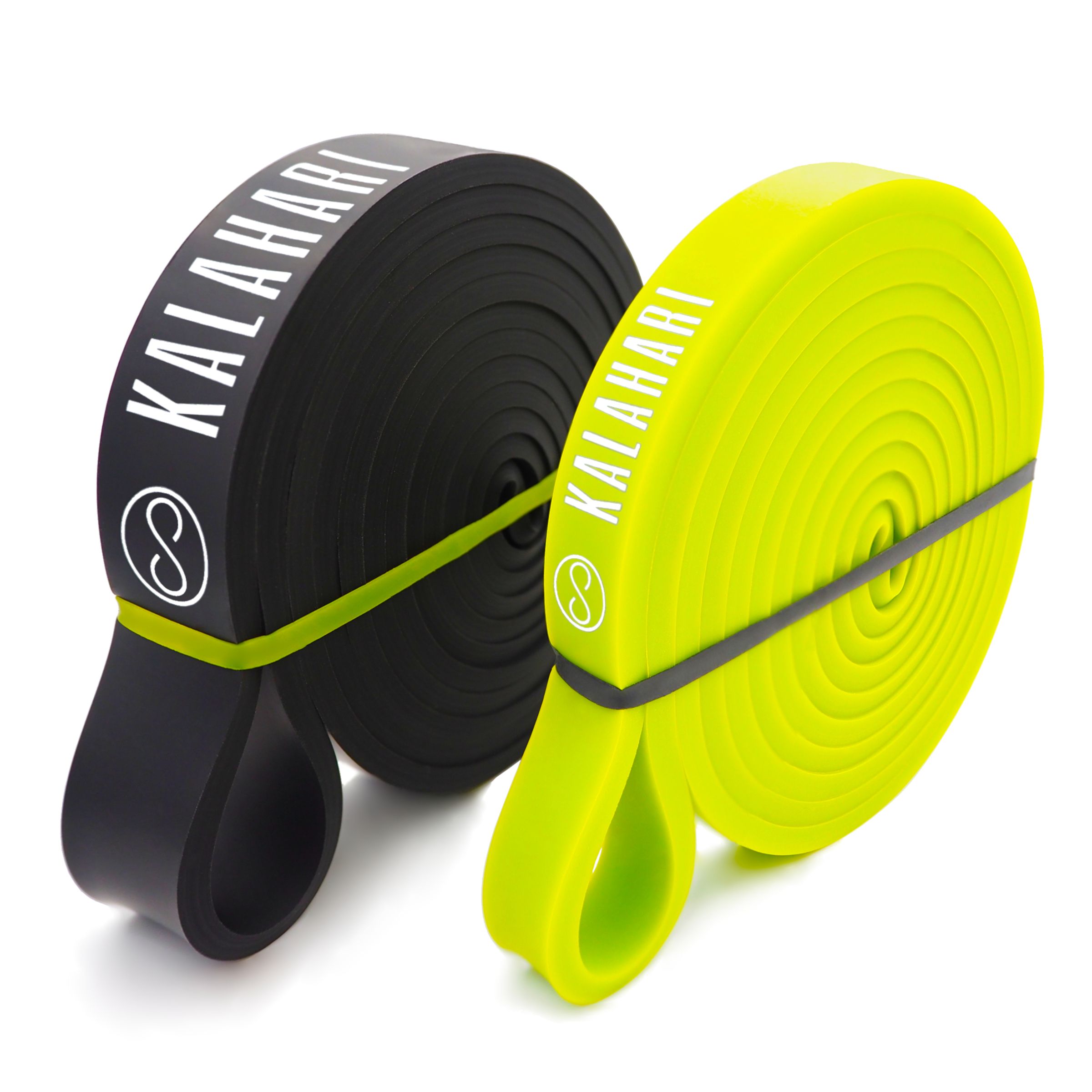 Twee fitness weerstandsbanden, zwart en neongroen, met "KALAHARI"-logo.
