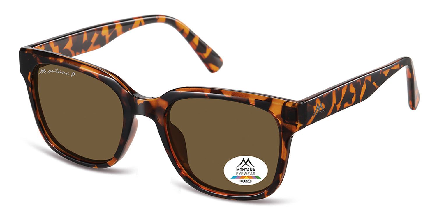 Lunettes de soleil marron et motif écaille de tortue. Logo Montana Eyewear et étiquette polarisée.