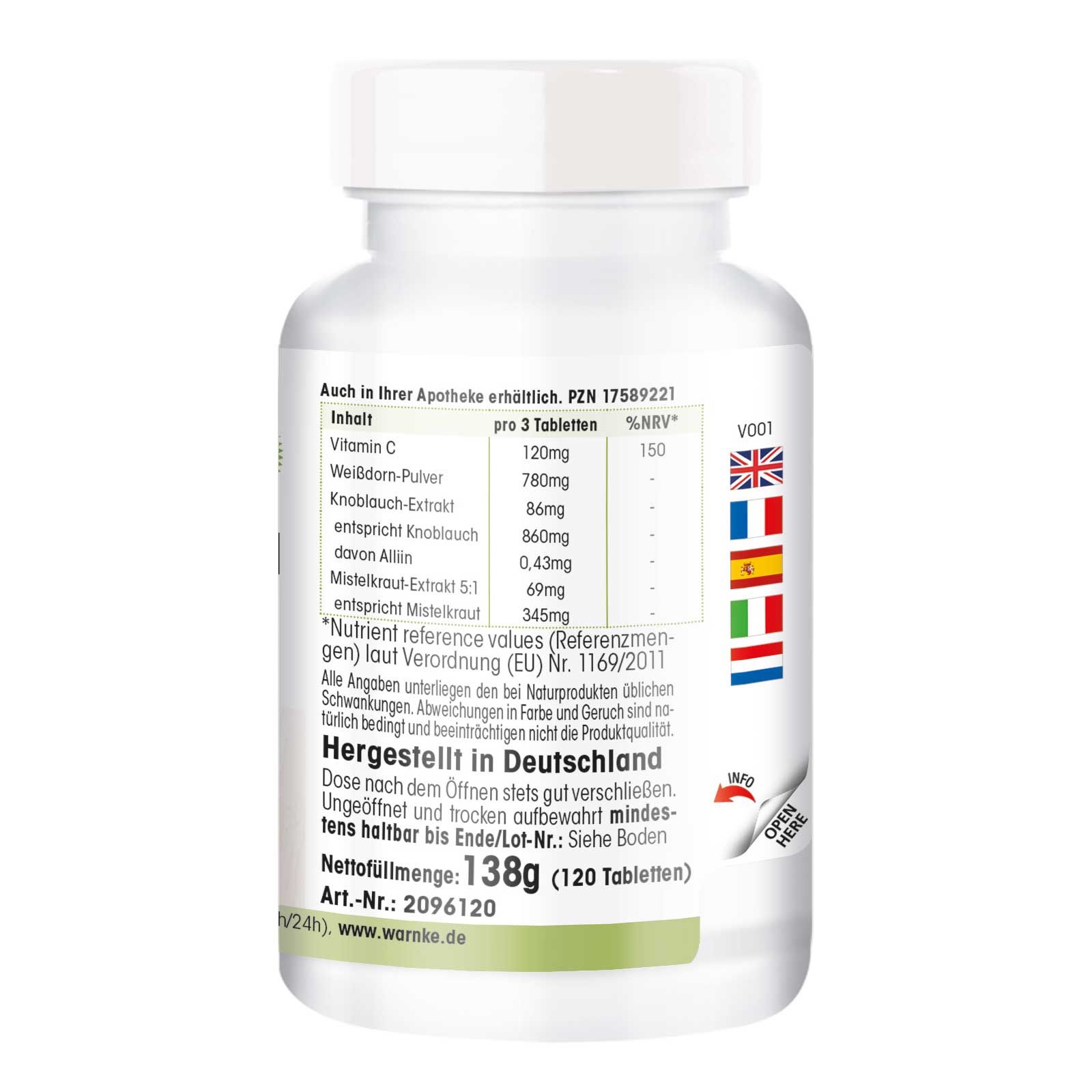 Achterkant van het tabletflesje. Tekst: Inhoud, voedingswaarde-informatie, Gemaakt in Duitsland, nettogewicht 138g (120 tabletten).