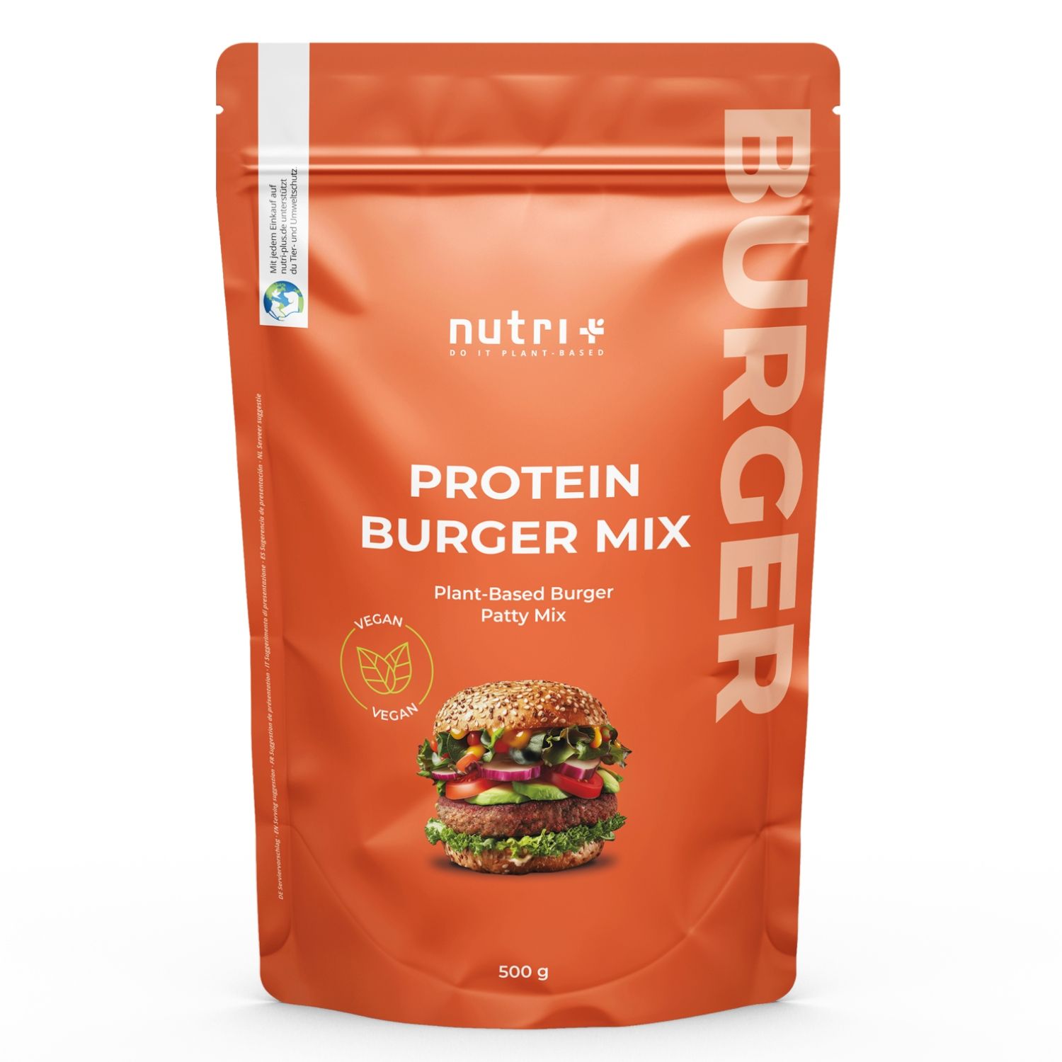 Emballage orange avec nom du produit et image de burger. Logo vegan et indication 500g.