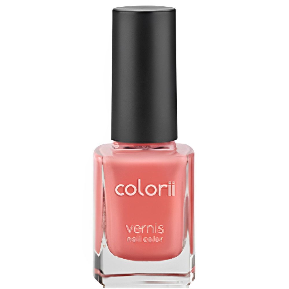 Flacon de vernis à ongles rose avec bouchon noir. Inscription : colorii, vernis nail color.