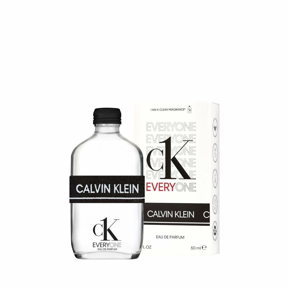 Flacon et emballage. Flacon avec bouchon noir et bande noire avec inscription CALVIN KLEIN en blanc. Emballage avec ck EVERYONE.