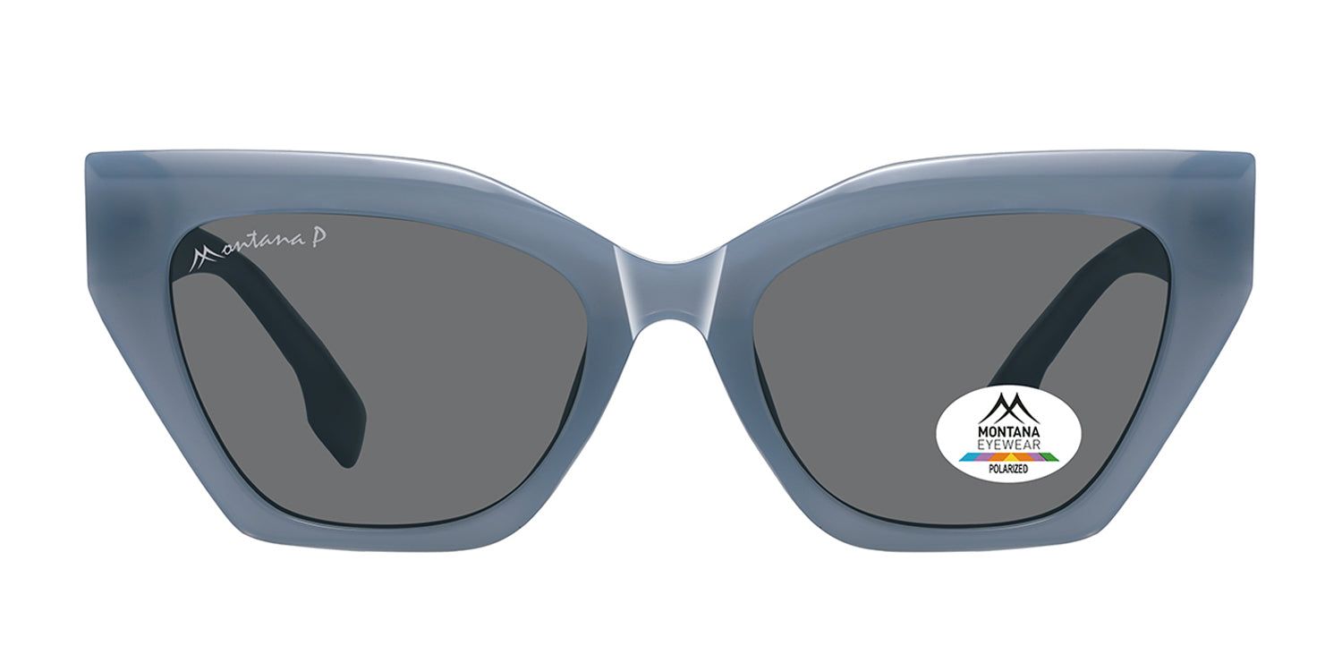 Lunettes de soleil bleues avec verres foncés. Logo Montana Eyewear sur la lentille et la branche. Verre polarisé. Forme œil de chat.