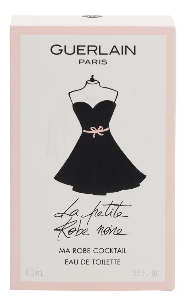 Verpakking. Wit met roze kader. Zwart jurk-ontwerp. Productnaam en logo. Guerlain Paris. Tekst: Eau de Toilette.