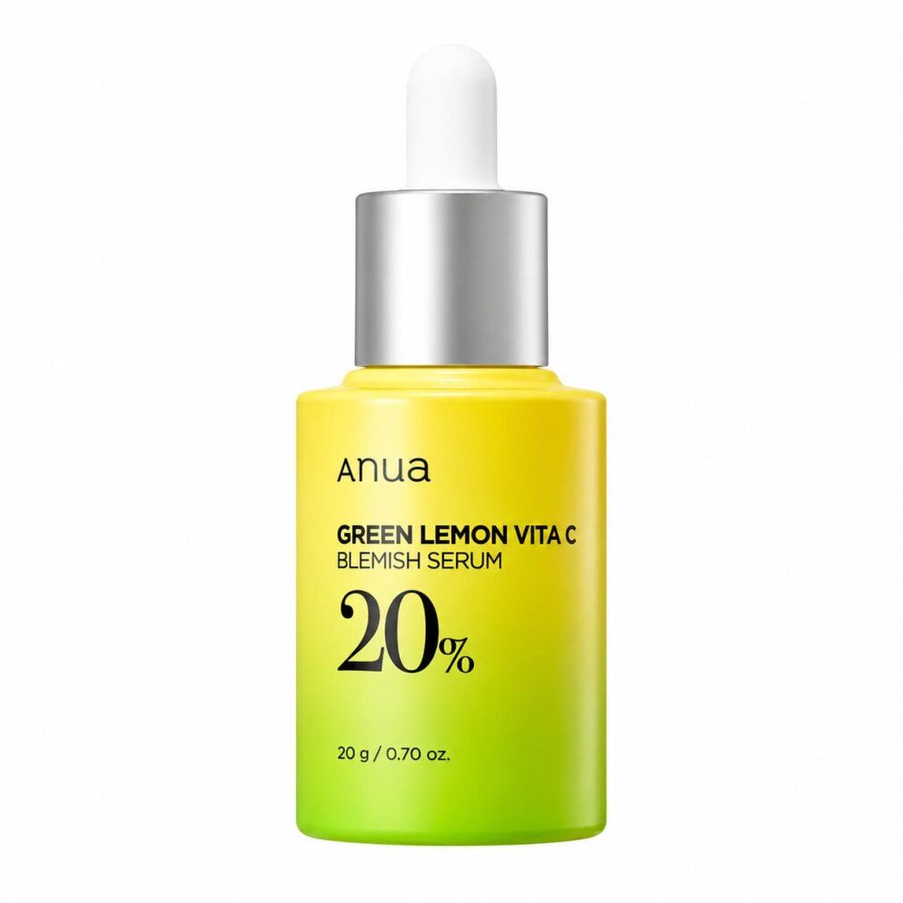 Anua Green Lemon Vita C Blemish Serum fles met druppelaar. Geel-groen verloop, 20% opgedrukt.