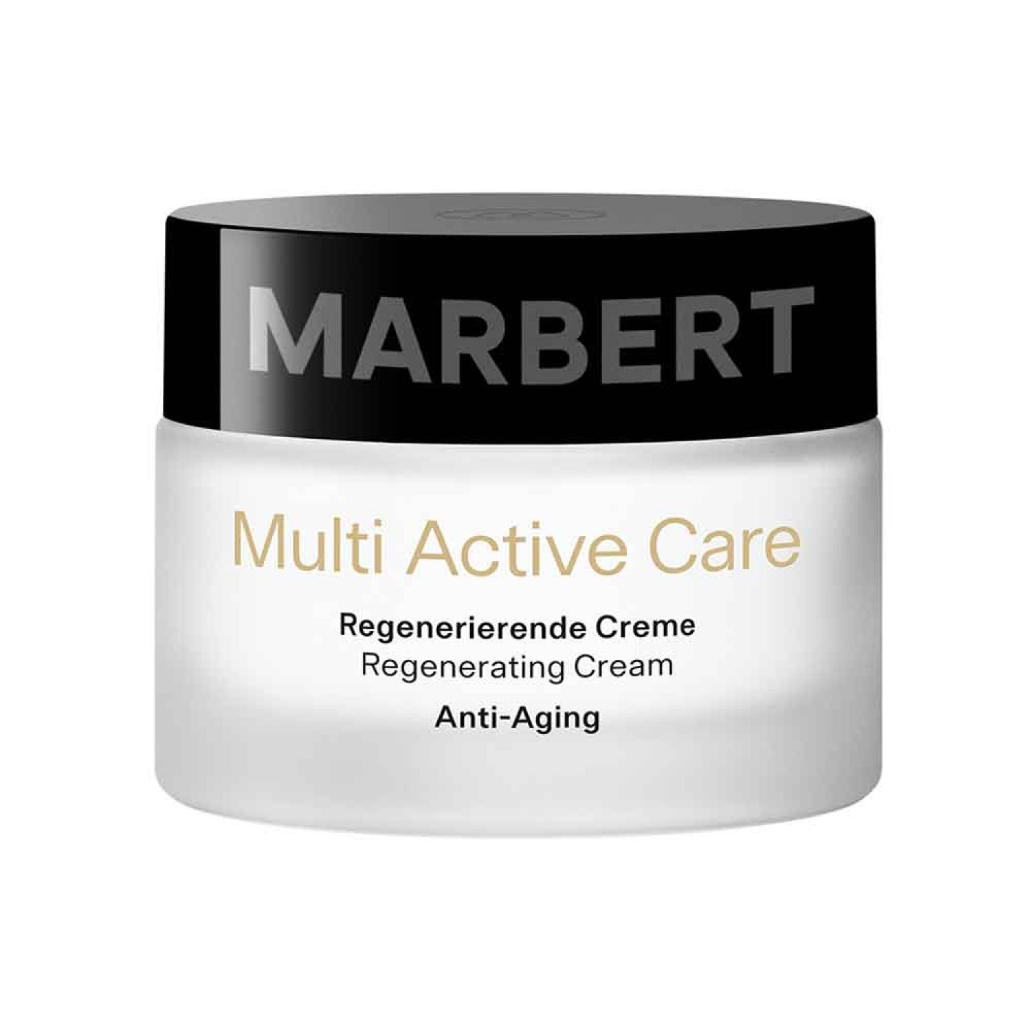 Crèmepot met zwarte deksel. Opschrift: MARBERT, Multi Active Care, Regenererende crème, Anti-Aging.