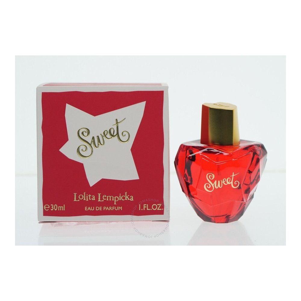 Flacon rouge avec bouchon doré et emballage. Inscription "Sweet" et "Lolita Lempicka". Eau de Parfum 30ml.