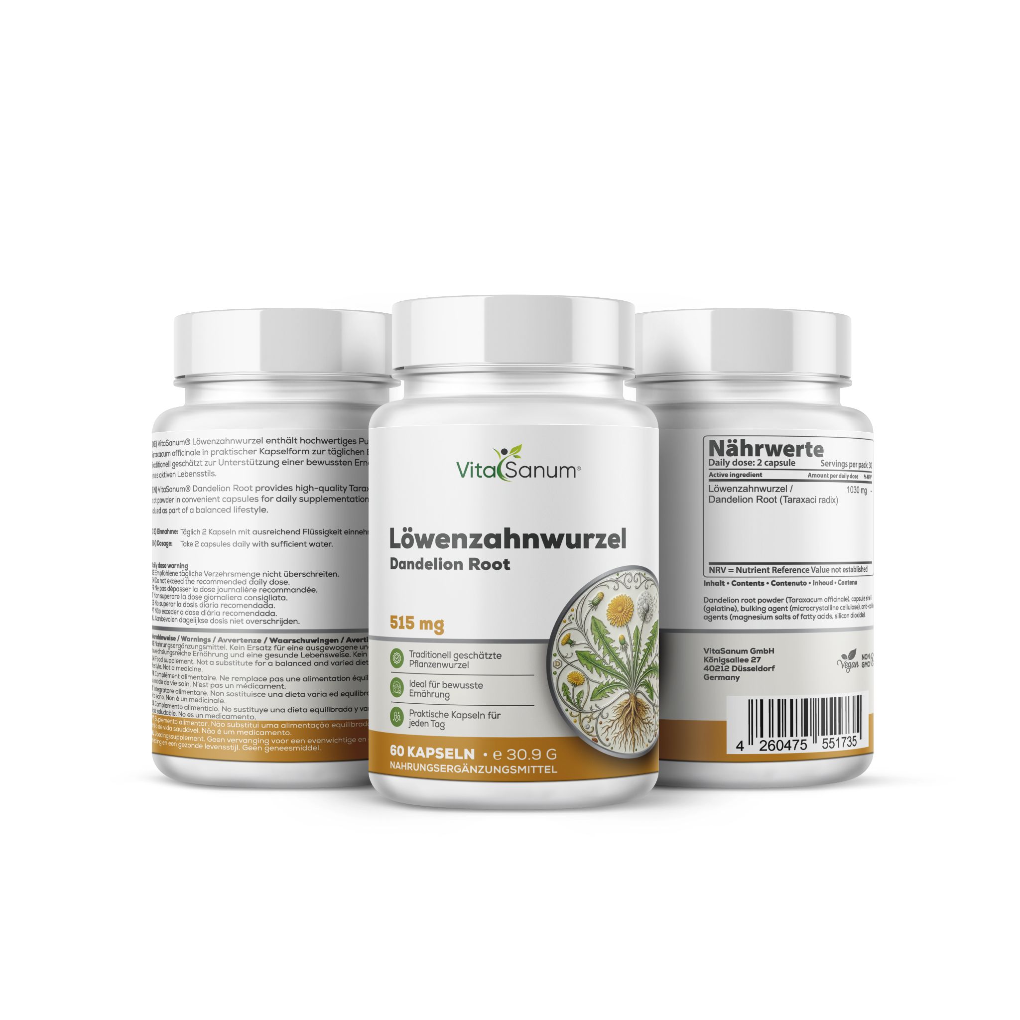 Drie VitaSanum Paardenbloemwortel capsules, 515 mg. Eén vooraan, twee achteraan.