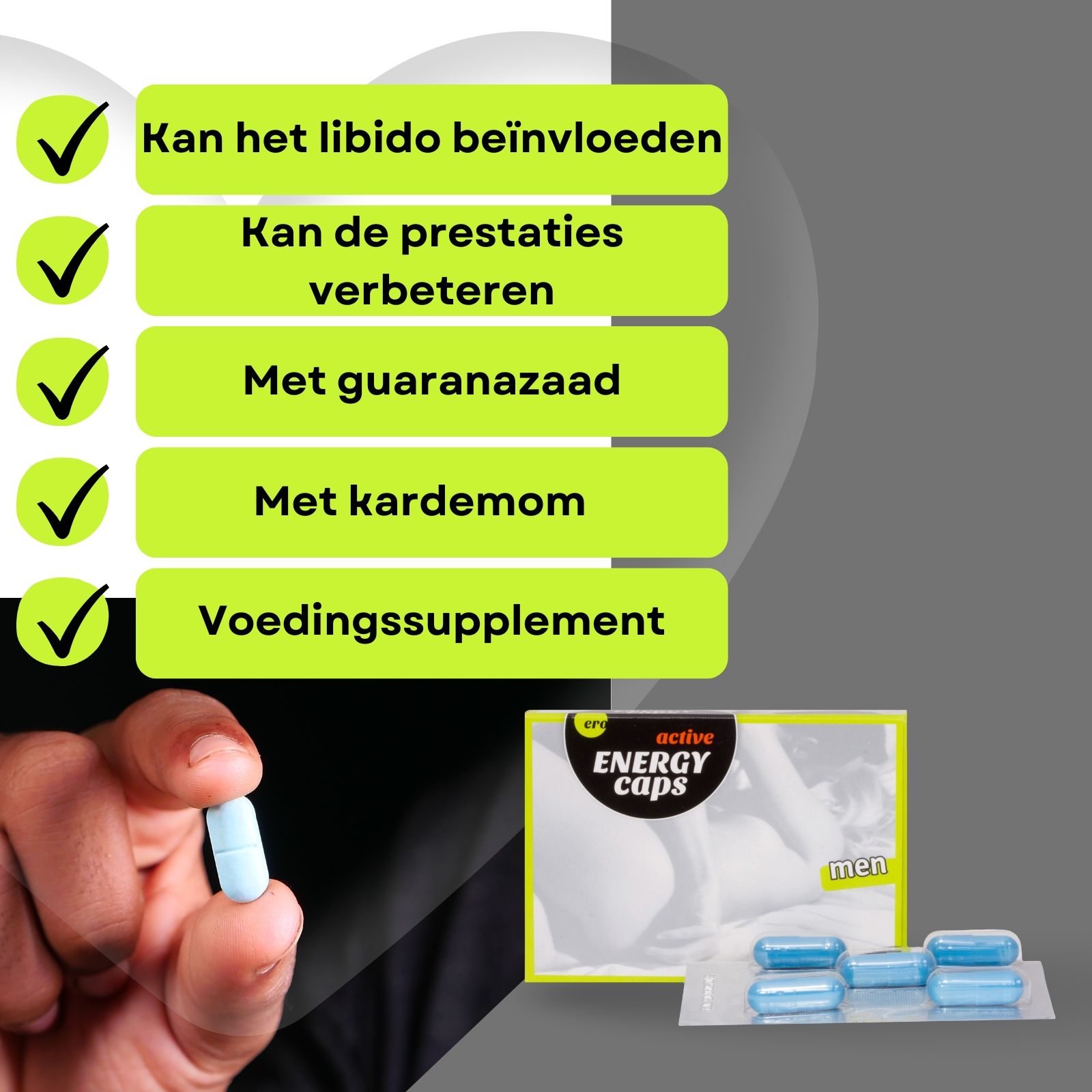 Blisterverpakking met blauwe capsules. Daarnaast een verpakking "Ero active ENERGY caps".