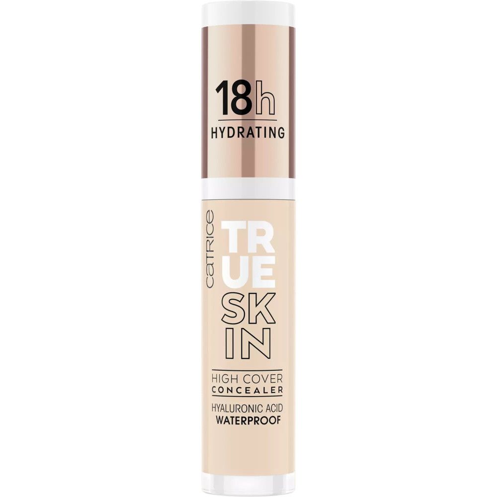 Flacon de Catrice True Skin Concealer. Texte: True Skin, High Cover, Acide Hyaluronique, Waterproof, 18h Hydratant.