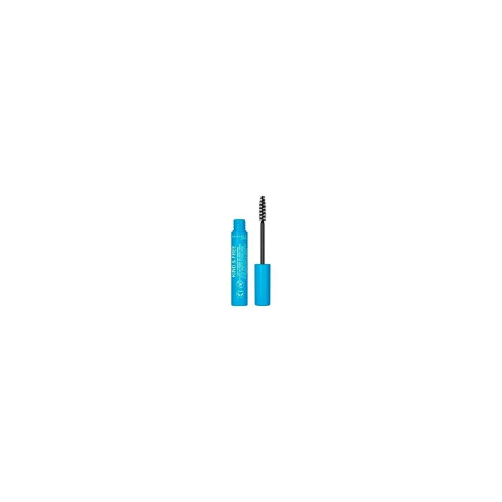 Mascara Rimmel Kind & Free, 02 Brun Noir, tube bleu avec applicateur brosse sorti.