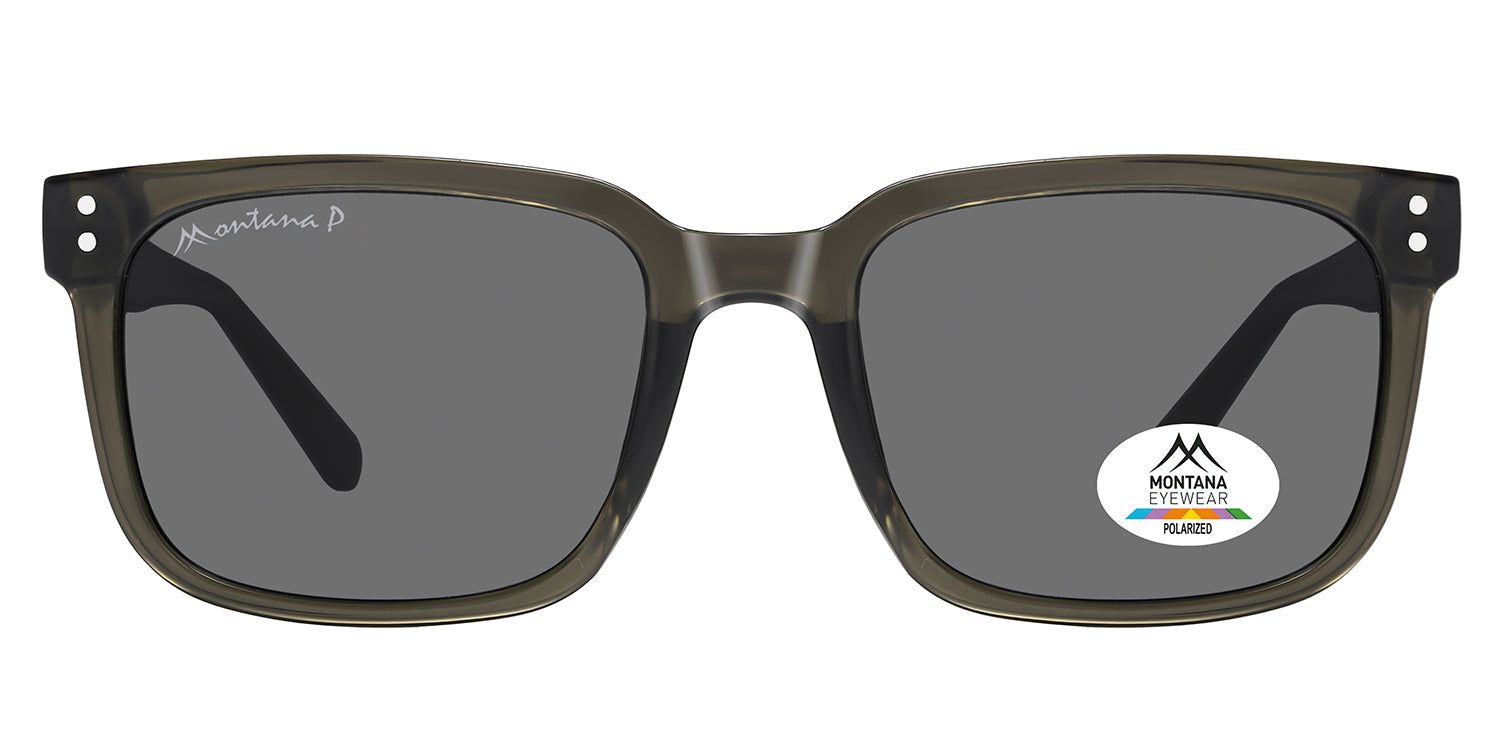 Lunettes de soleil rectangulaires, verres gris. Monture gris-vert. Logo et autocollant de polarisation sur le verre droit. Montana Eyewear.