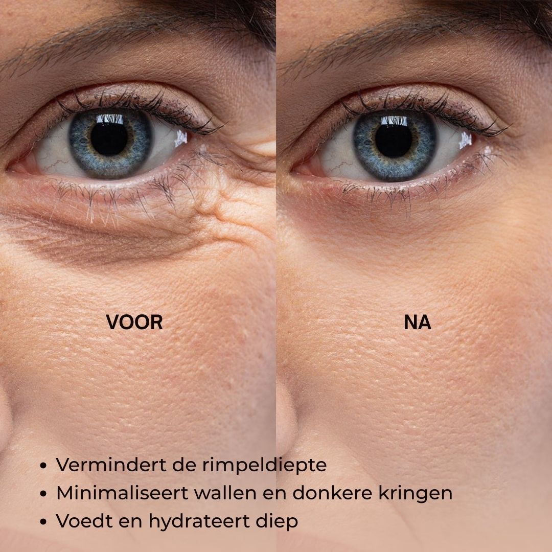 Oogcrèmefles met dispenser. Opschrift: Dr. SEA, Anti-Aging Eye Cream, Glycotensyl & Hyaluronzuur. Tekst ernaast.