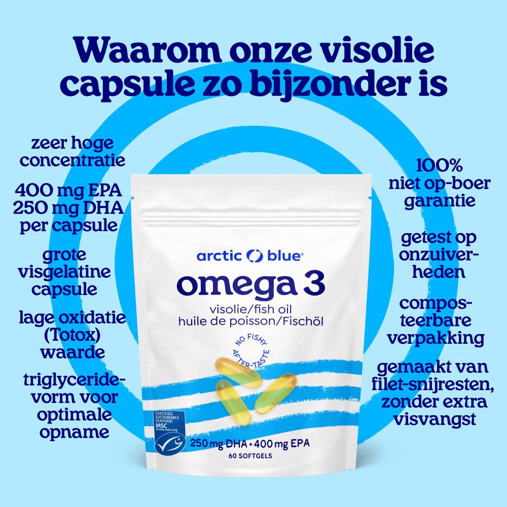 Arctic Blue Omega 3 visolie verpakking met klantbeoordelingen en sterren.