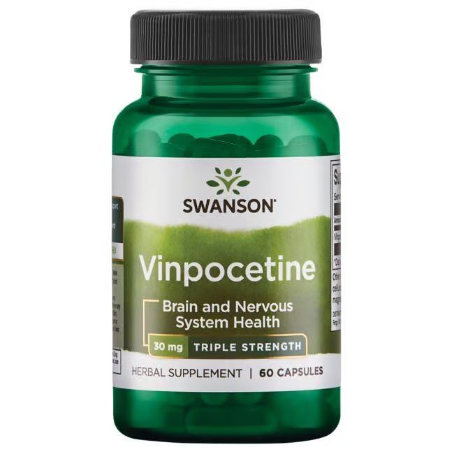 Flacon vert de SWANSON Vinpocetine 30 mg. Inscription: Brain and Nervous System Health, 60 capsules.