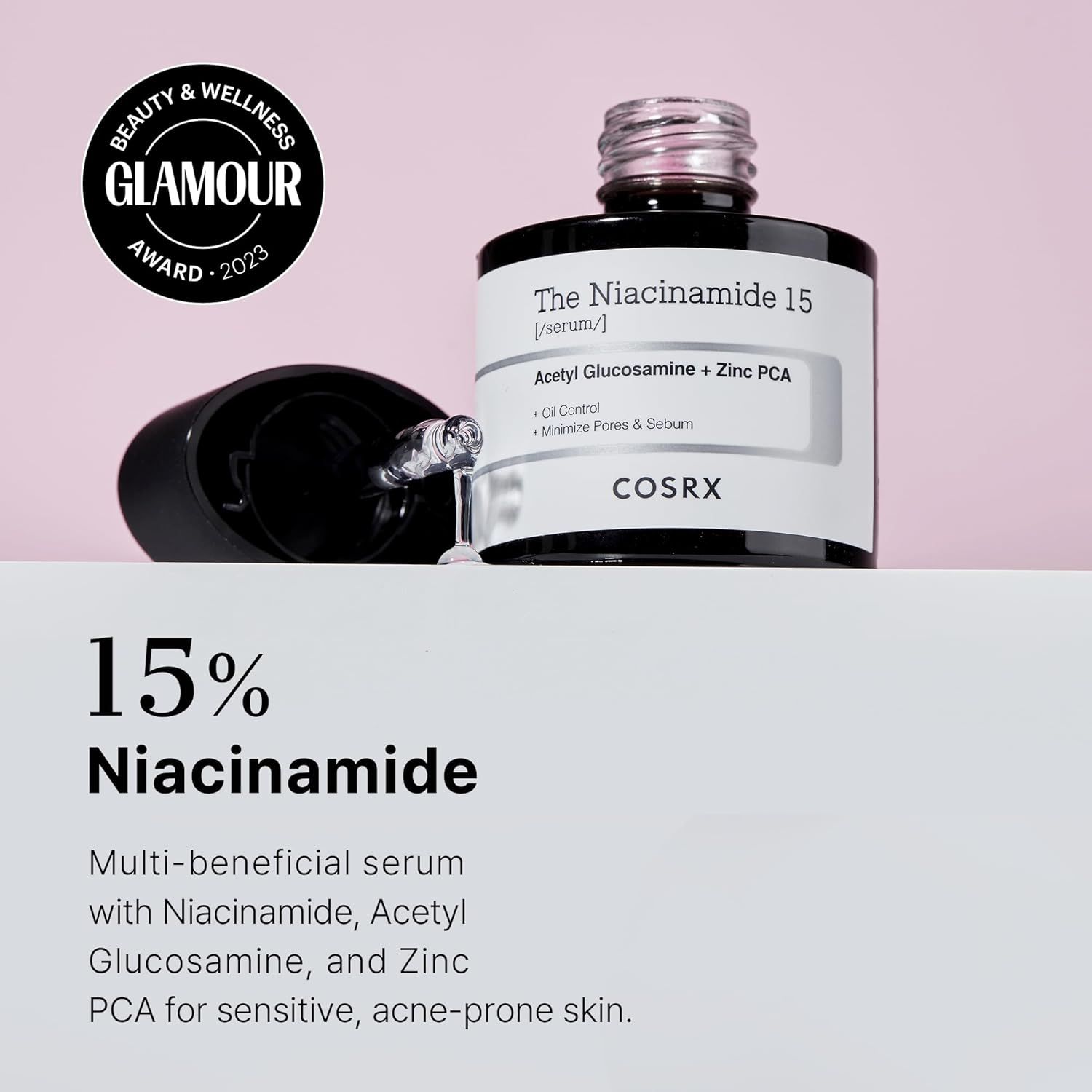 Flacon de sérum COSRX Niacinamide 15 avec pipette. Prix 'Glamour Award 2023'.