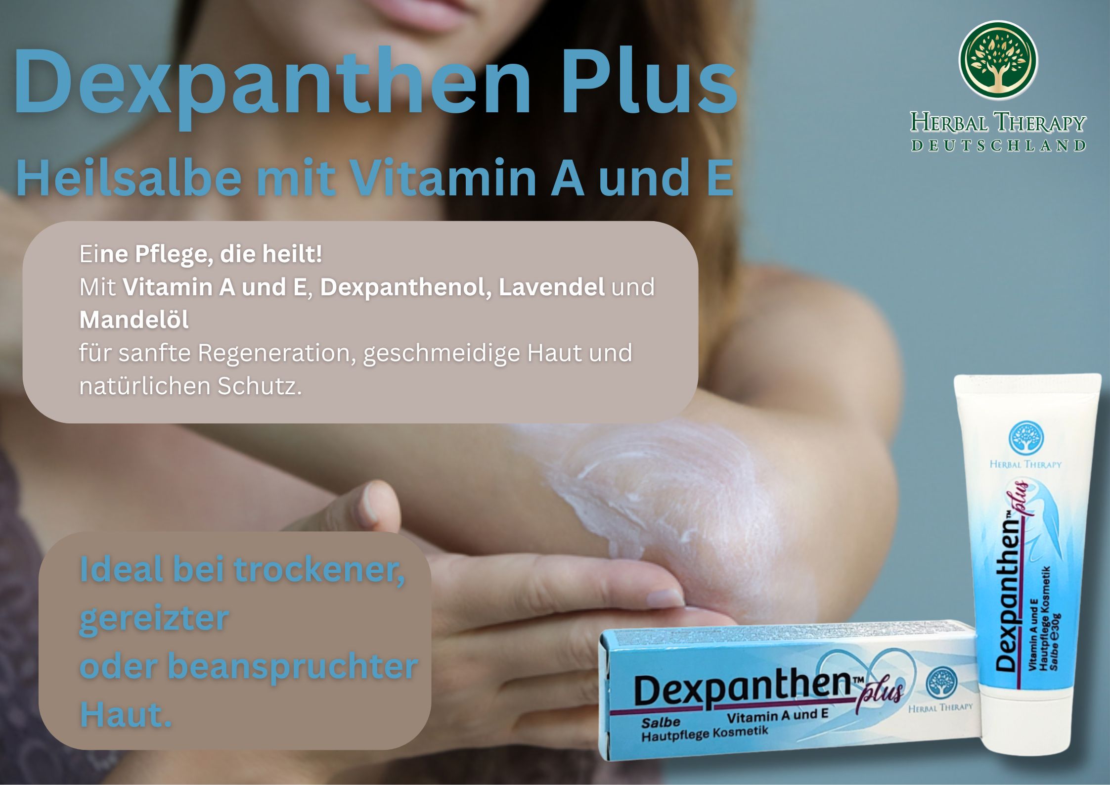 Femme appliquant une crème sur son bras. Herbal Therapy Dexpanthen Plus, crème avec vitamine A et E, en tube et boîte.