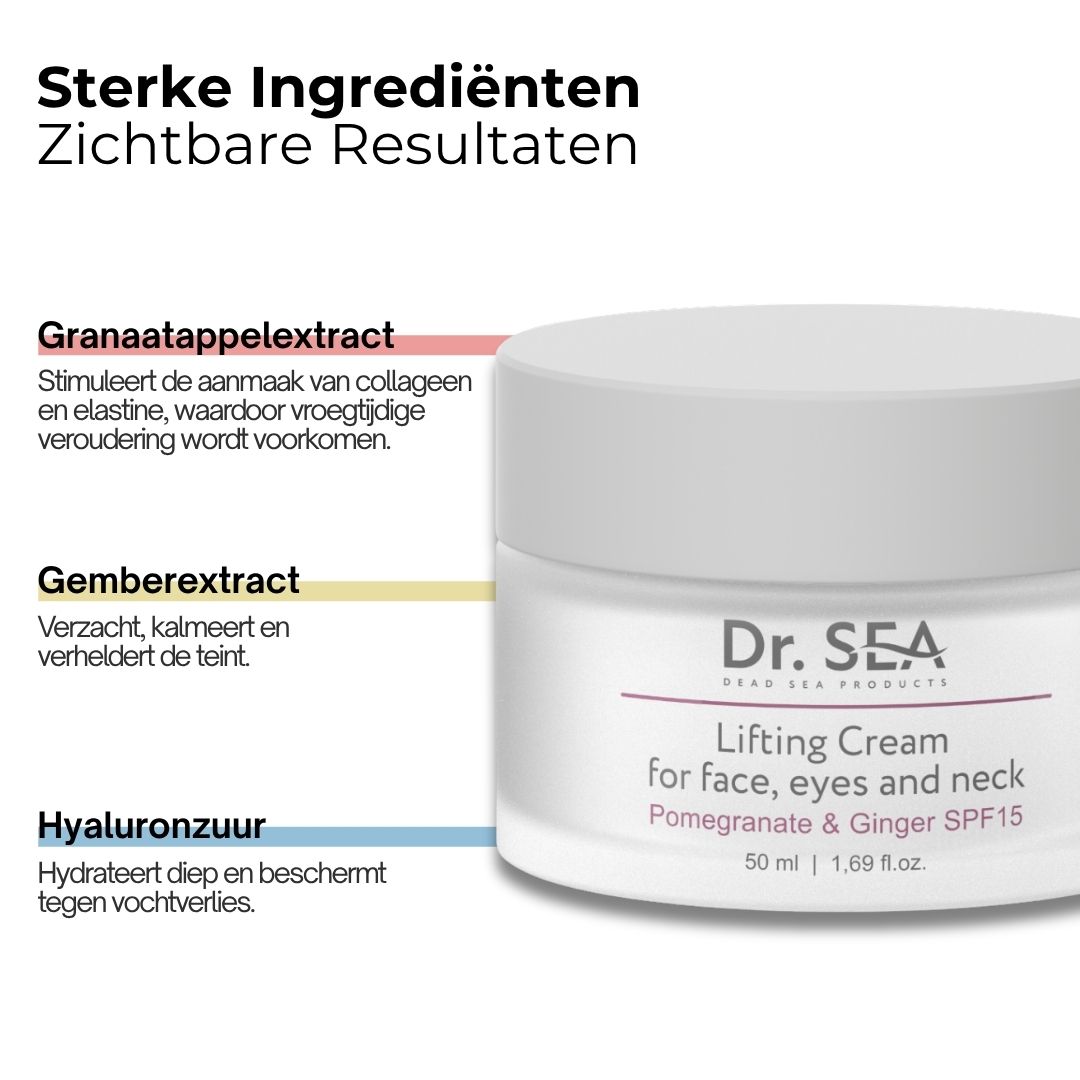 Crèmepot met tekst. Opschrift: Dr. SEA, Lifting Cream, voor gezicht, ogen en hals. Granaatappel & Gember SPF15.