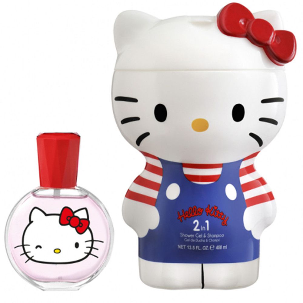 Eau de toilette et gel douche/shampooing Hello Kitty. Flacon et flacon en forme de Hello Kitty.