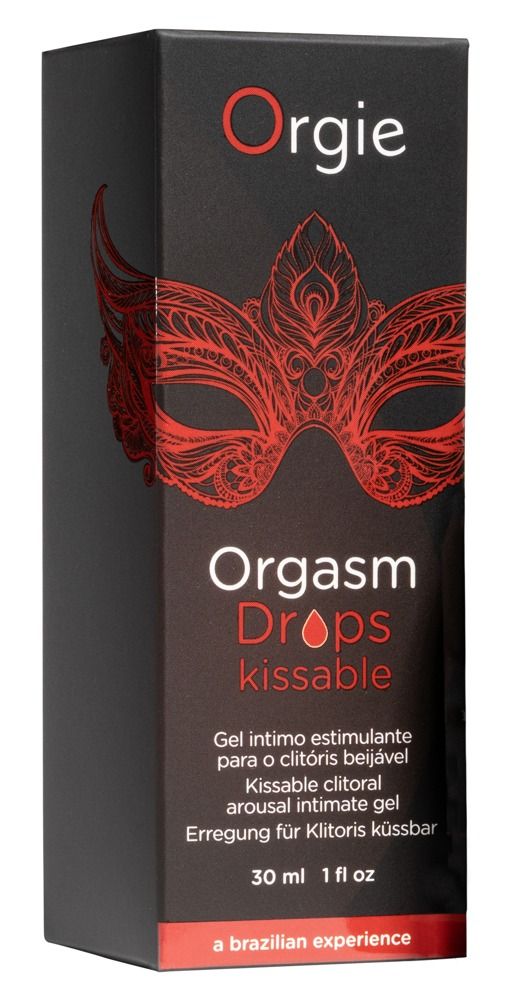 Boîte Orgie Orgasm Drops Kissable. Gris foncé avec design de masque rouge.