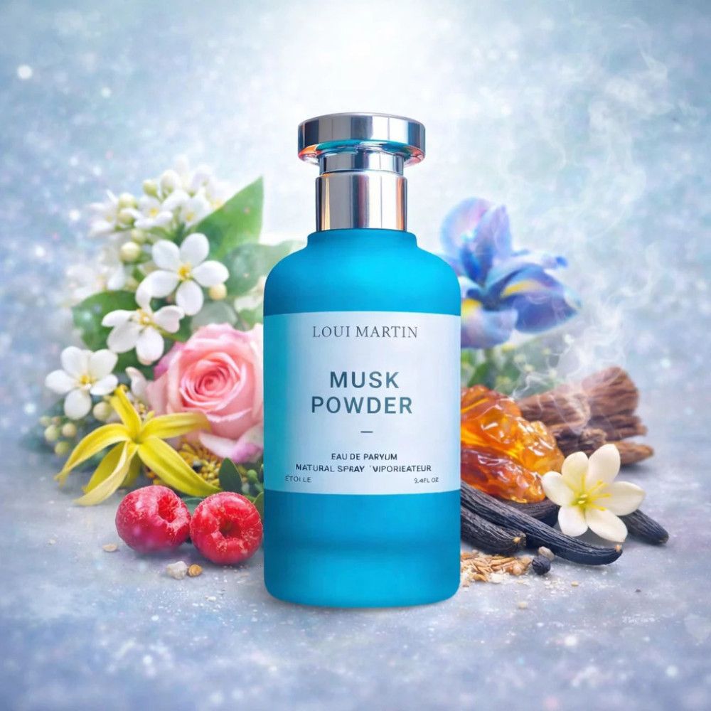 Turquoise fles met zilveren dop, omringd door bloemen en fruit. Op etiket: "Loui Martin Musk Powdery Eau de Parfum". 