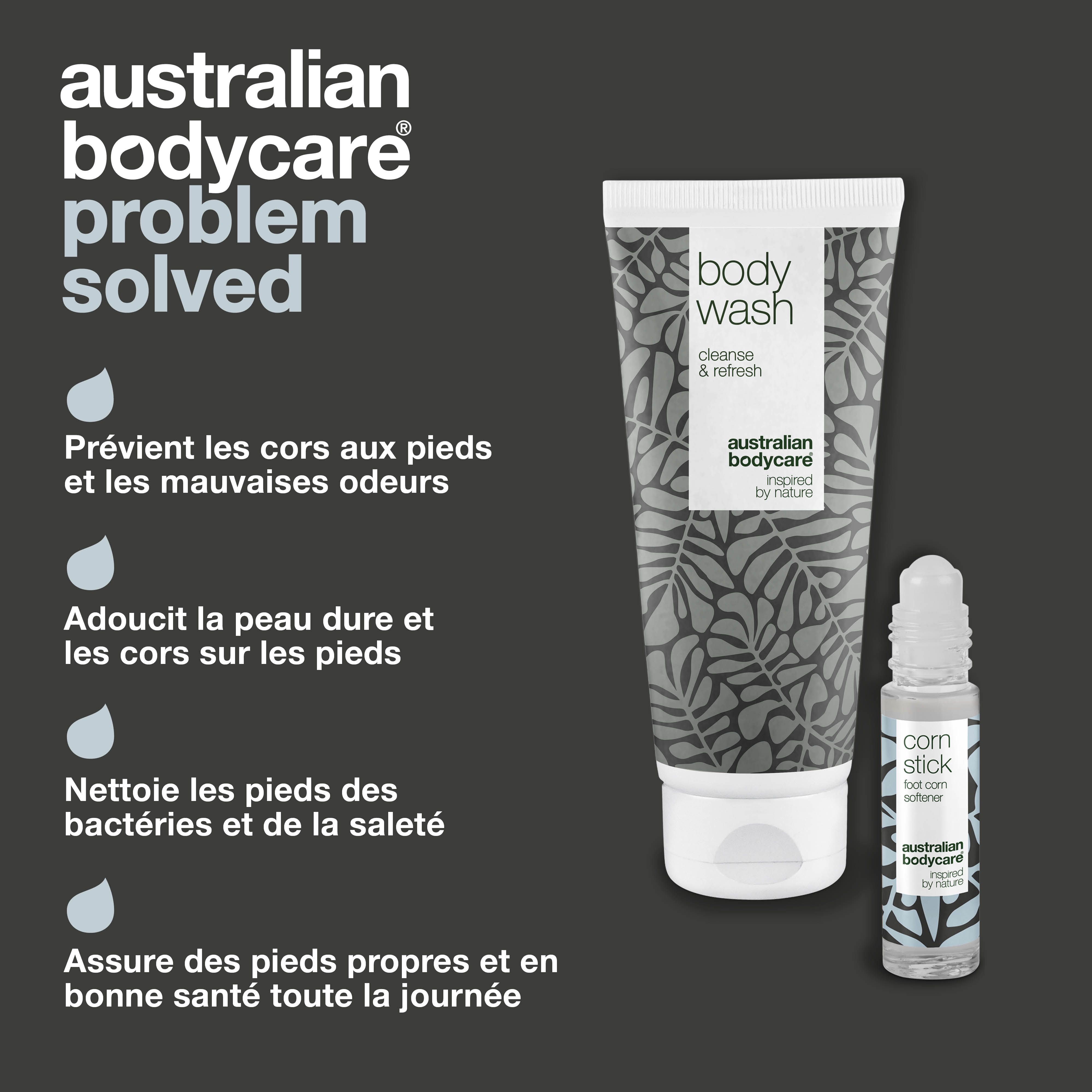 Tube, roll-on. Inscriptions : Body Wash, Corn Stick. Marque : Australian Bodycare.