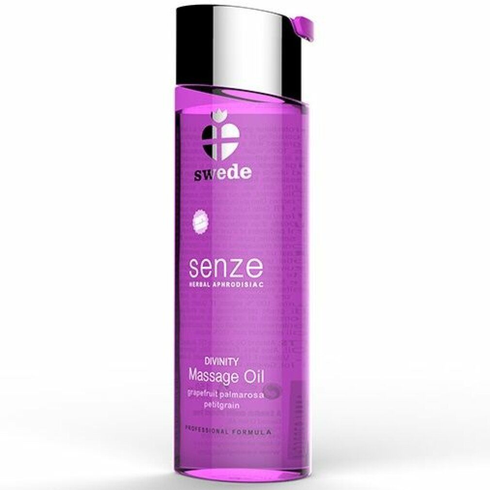 Bouteille violette avec bouchon argenté, Huile de massage Swede Senze Divinity.