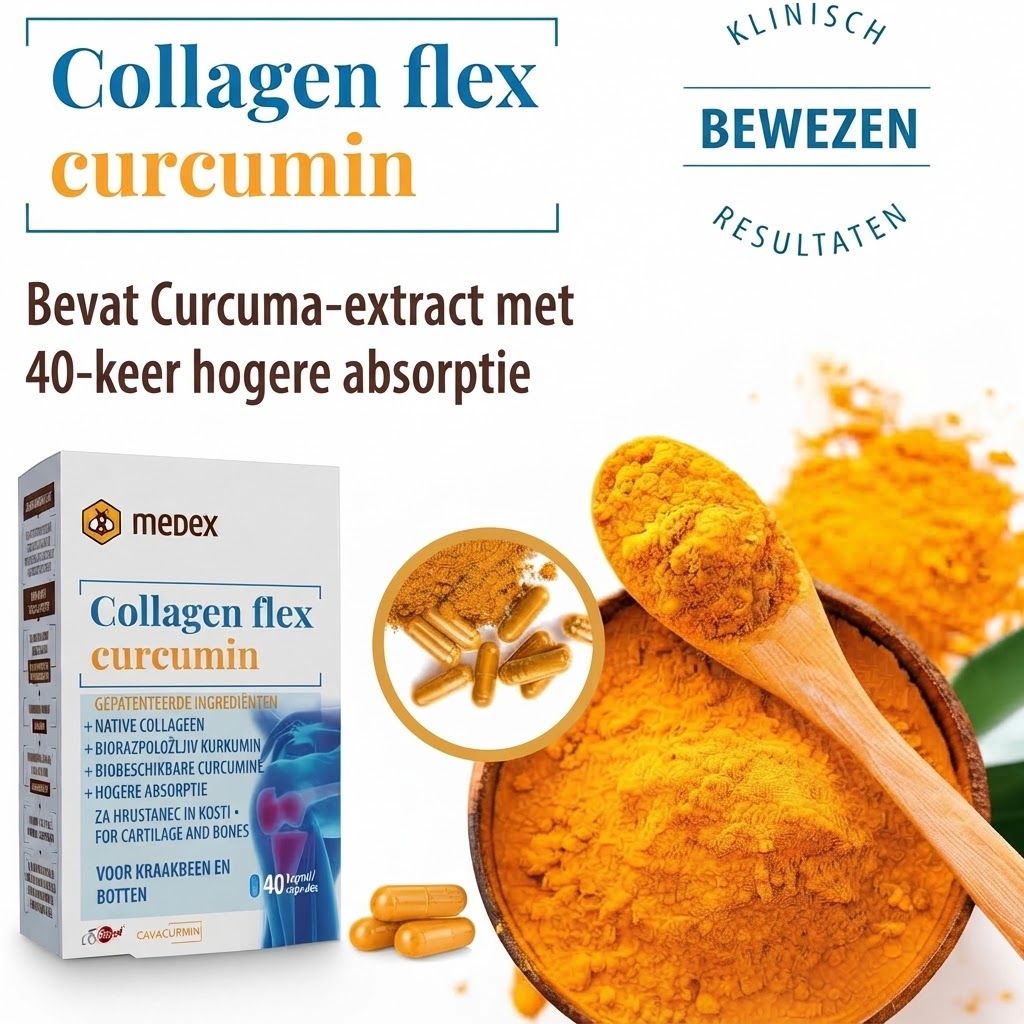 Medex Collagen flex Curcumin verpakking naast lepel met kurkumapoeder en capsules.