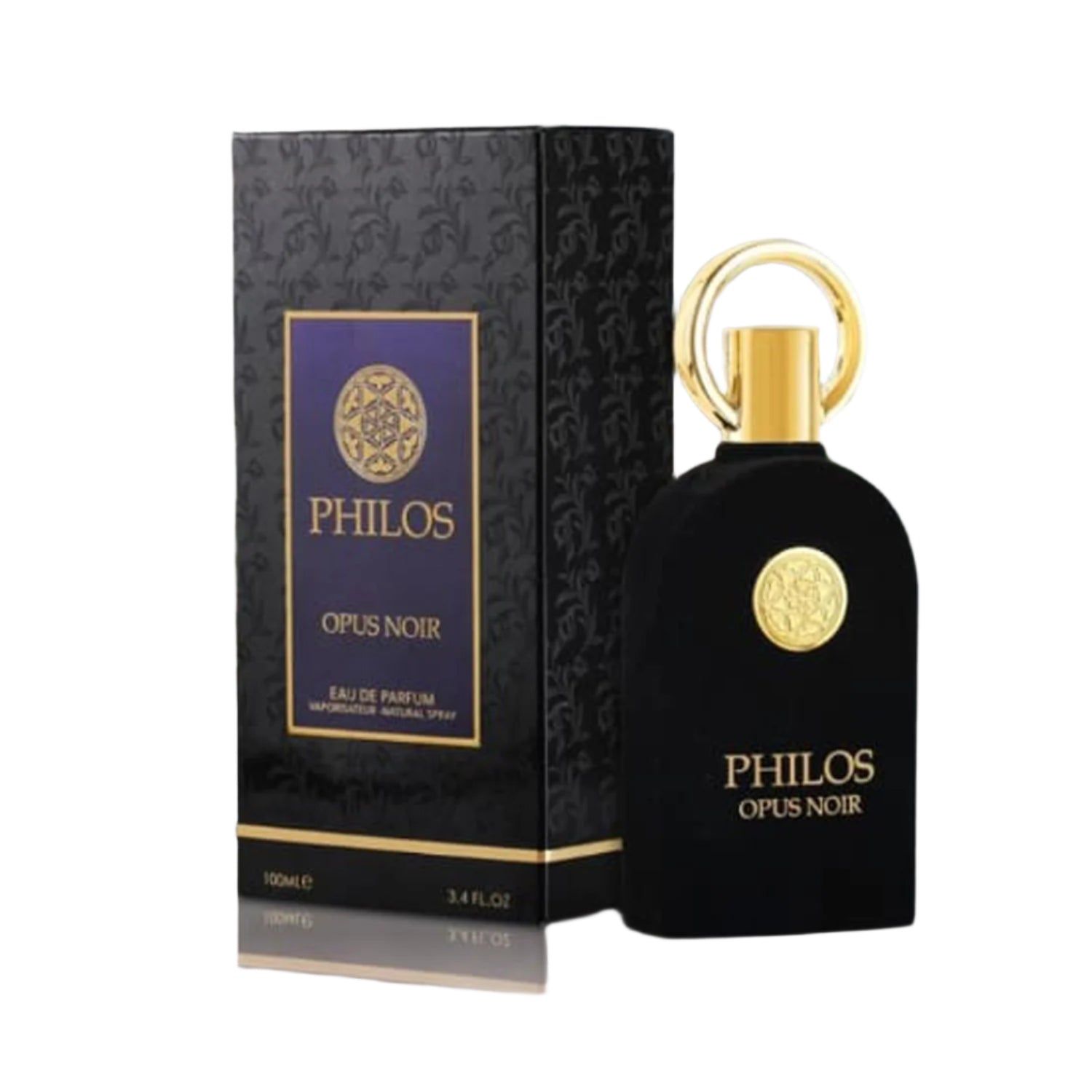 Zwarte Eau de Parfum fles met gouden dop en verpakking. PhilOS Opus Noir.