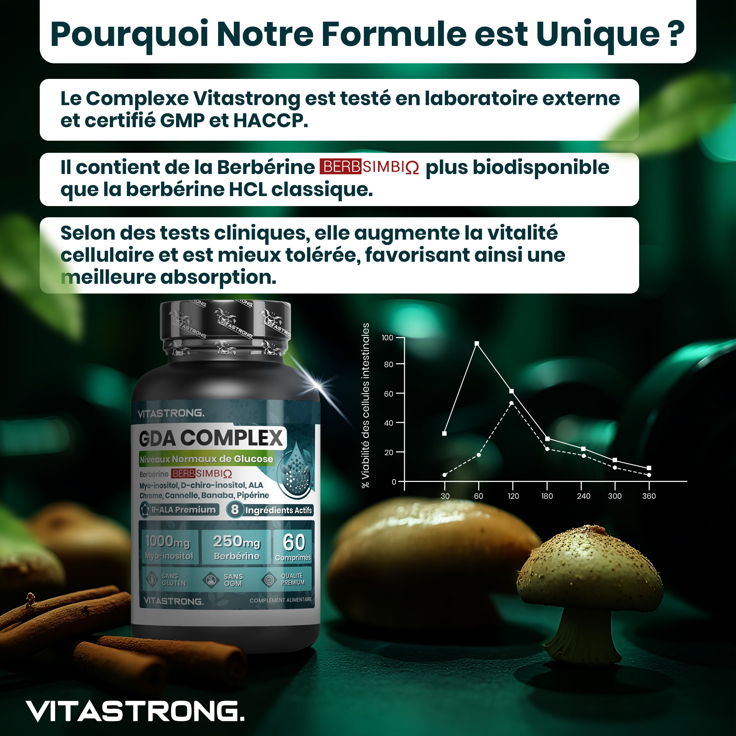 Vitastrong GDA Complex, 60 tabletten. Verpakking en grafiek. Tekst: Berberine, 60 tabletten, glutenvrij, non-GMO.