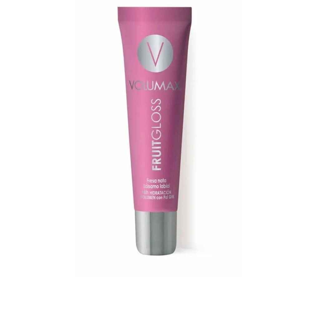 Tube rose avec bouchon argenté. VOLUMAX FRUITGLOSS, dessous FRESA NATA et Hidratación. Logo V en haut.
