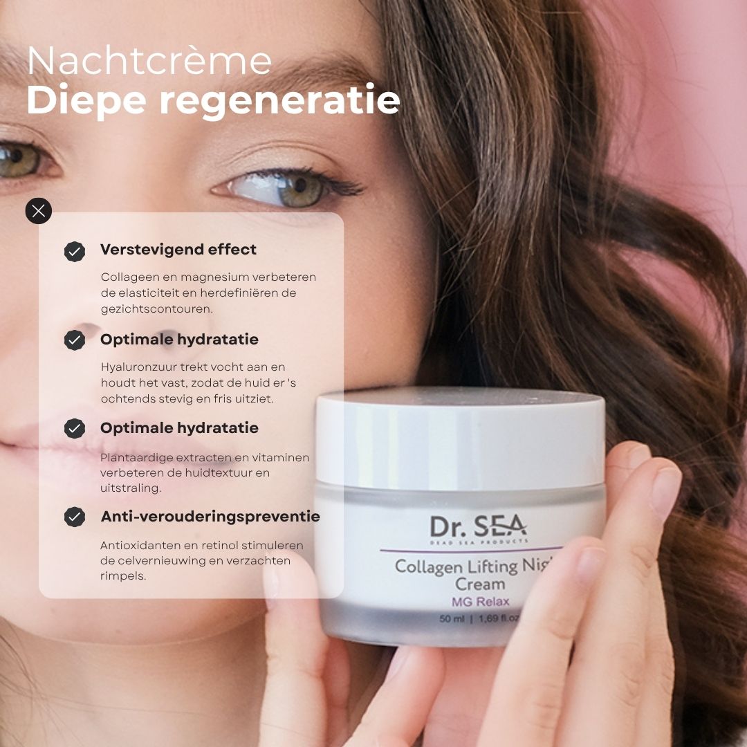 Crèmepot met tekst. Tekst: Verstevigend effect, optimale hydratatie, optimale hydratatie, anti-verouderingspreventie. Op de pot: Dr. SEA Collagen Lifting Night Cream.