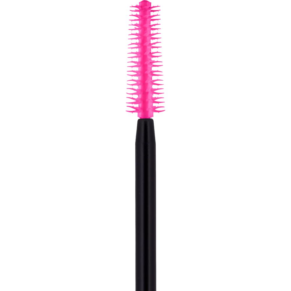 Gros plan sur une brosse de mascara rose avec manche noir. Les poils sont rapprochés.