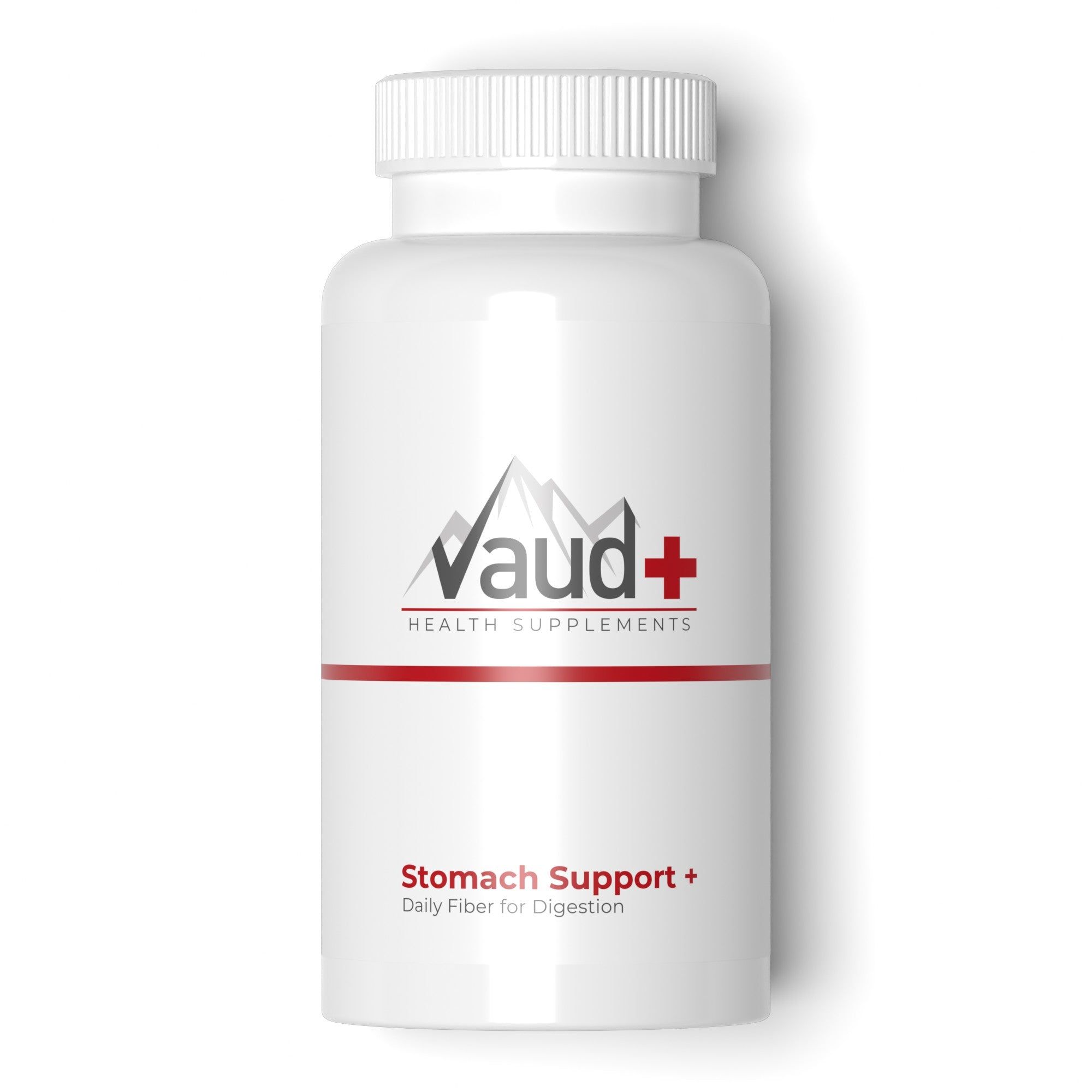 Vaud+ Stomach Support capsulefles met rode band en berglogo.