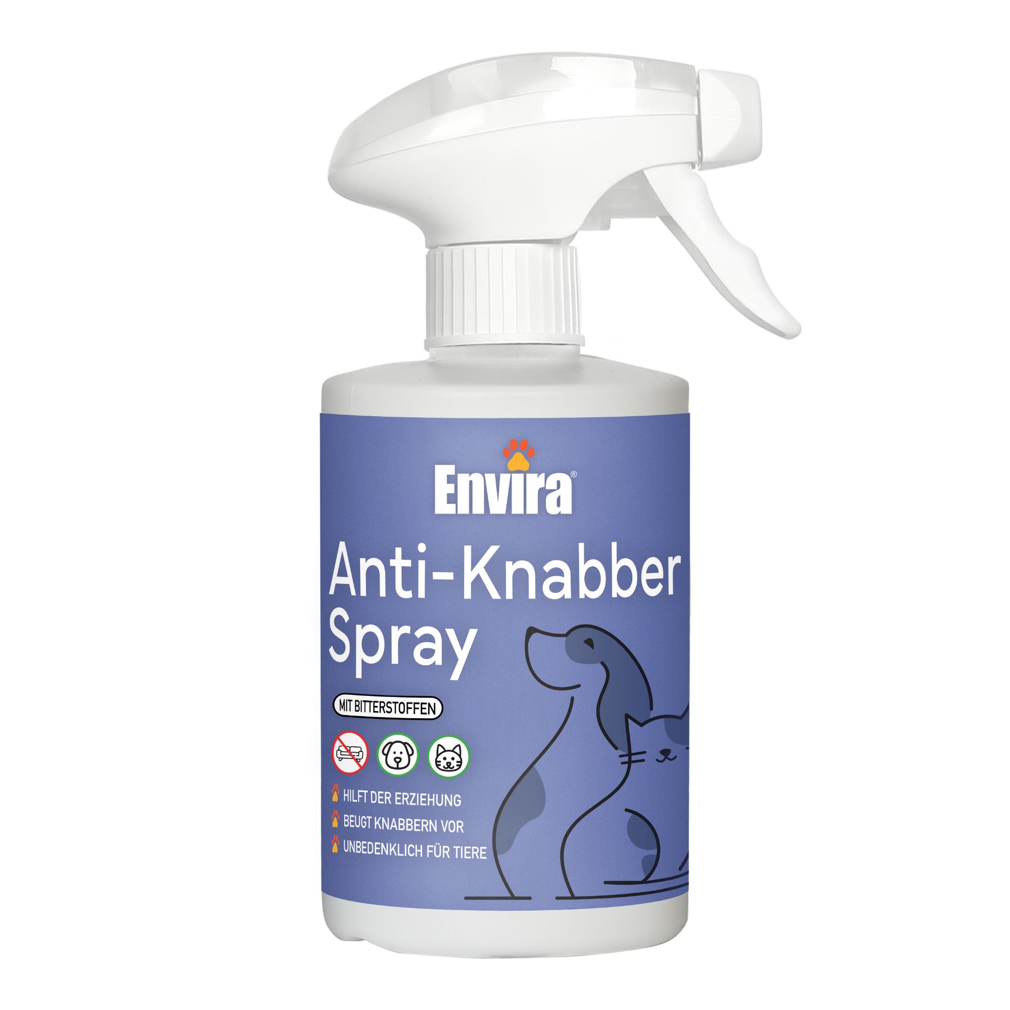 Flacon pulvérisateur bleu et blanc avec étiquette "Envira Anti-Knabber Spray". Contient des substances amères. Pour chiens et chats.