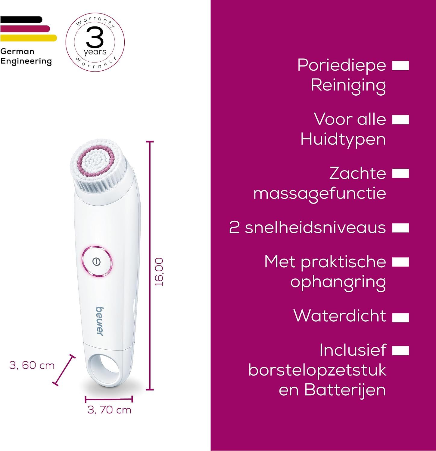 Witte gezichtsreinigingsborstel met roze ring en knop, met afmetingen.